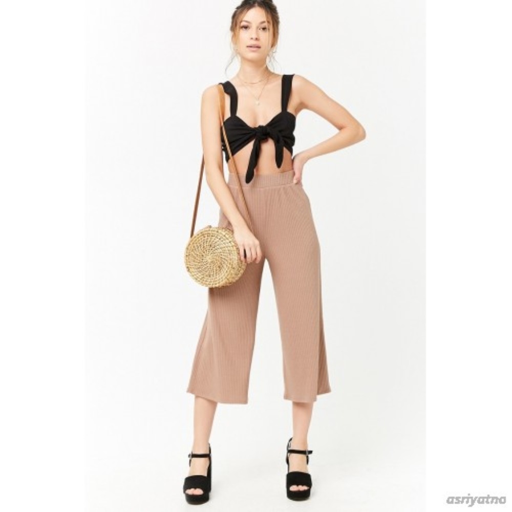 Taupe Ribbed High-Rise Culottes